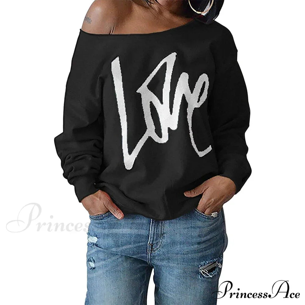 Love Tops Pullover for Patterned Off Slouchy Shoulder Sweatshirt Letter Women