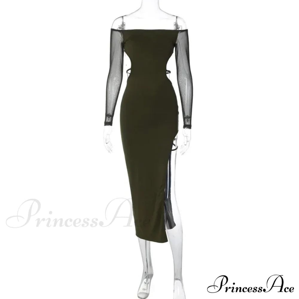 Mesh Patchwork Off Shoulder Long Sleeve Backless Women's Autumn Sheer Split Party Midi Dress