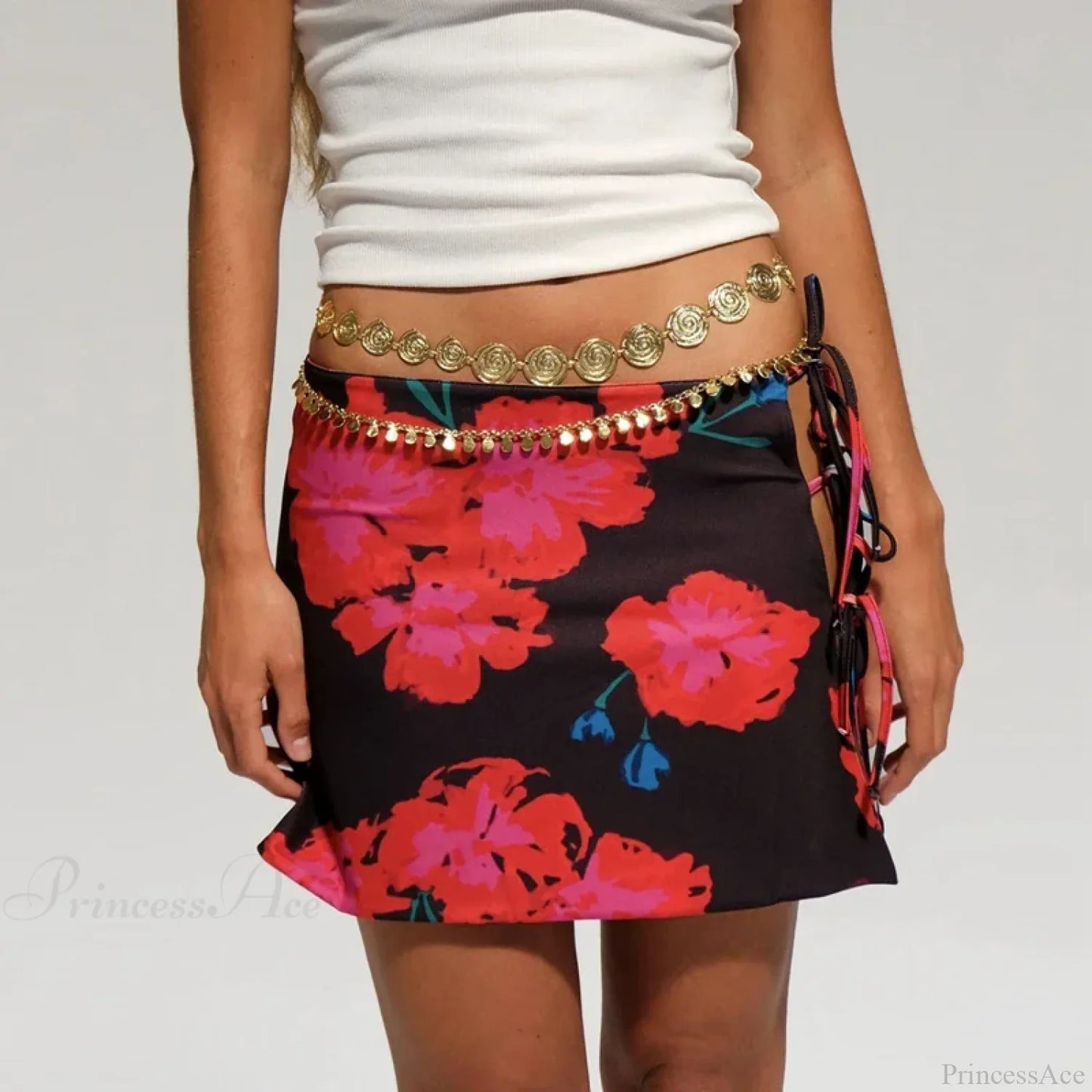 Multi-wear style Floral Print Mini Skirt Crop Tops Women Slim Low Waist Side Split Tie-Up Bodycon Skirt Y2K Vintage Streetwear