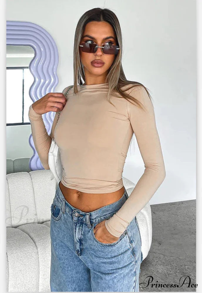 Neck Women's Arm Round Long Color Solid Slim T-Shirt