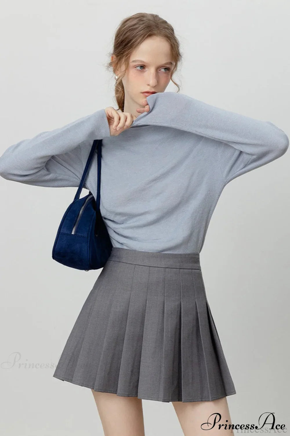 Off-Shoulder Draped Collar Waist-Cinched Knit Top