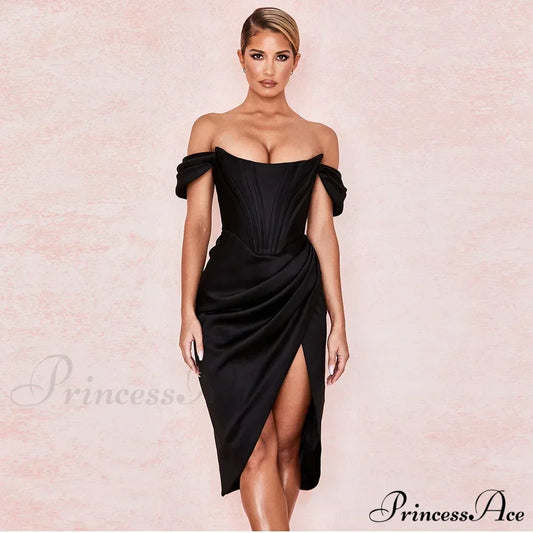 Off Shoulder Split Corset Midi Dress