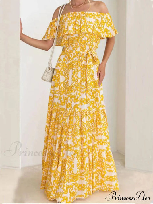 One-Shoulder Short-Sleeve Printed Charming Ruffle Maxi Dress