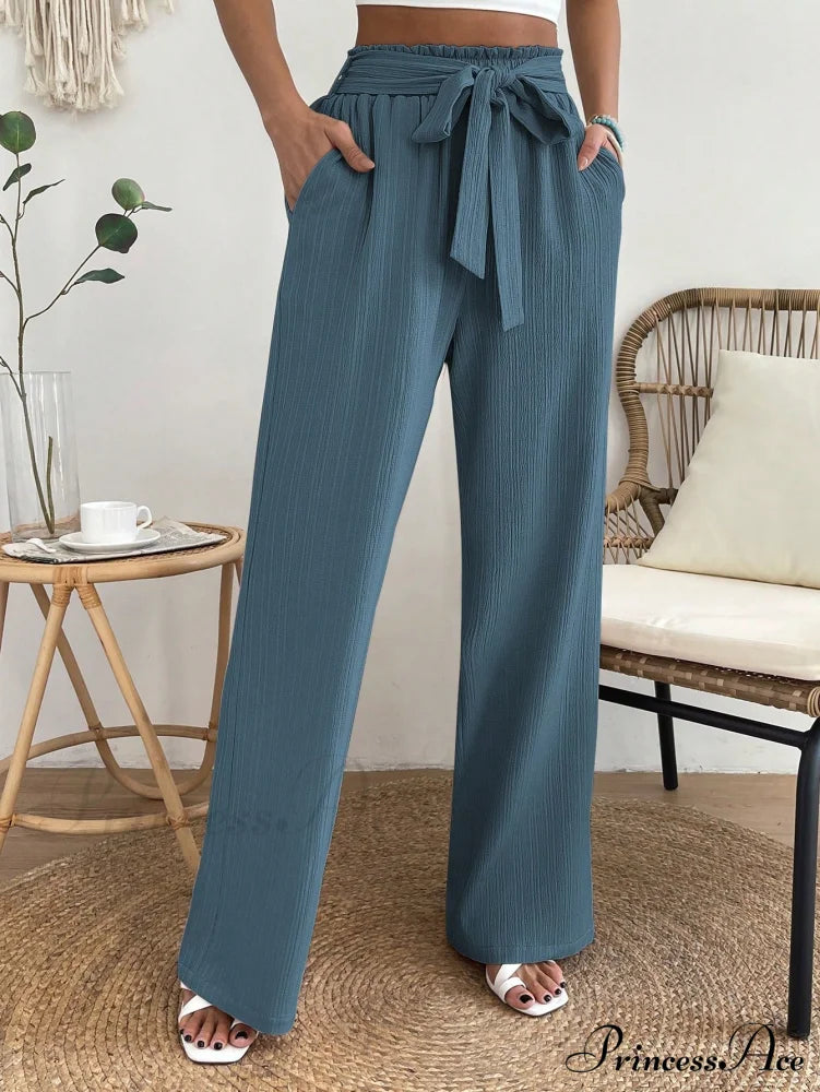 Long Waist Belted Wide Leg Pants