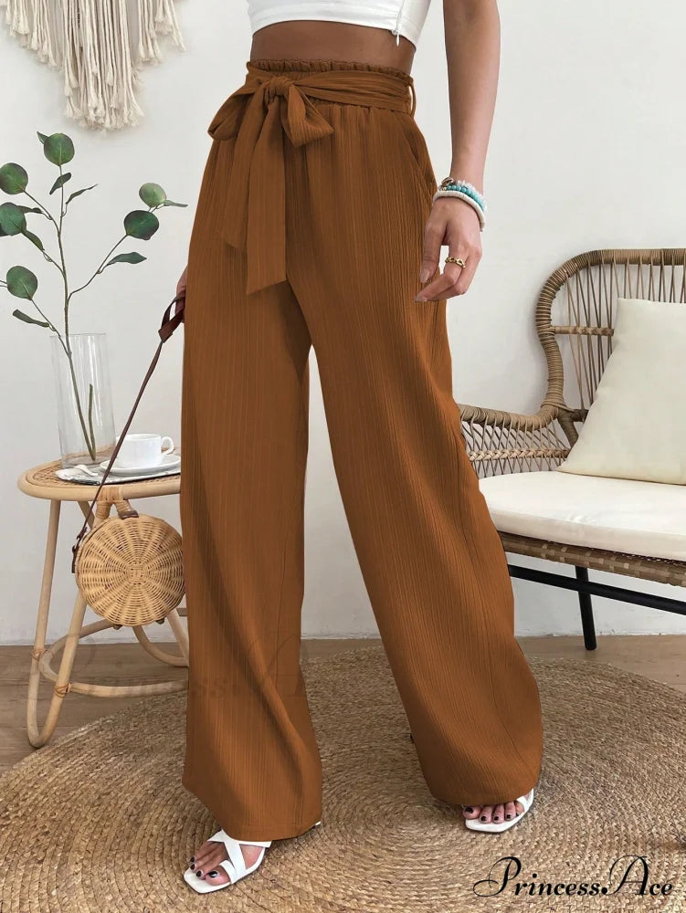 Long Waist Belted Wide Leg Pants