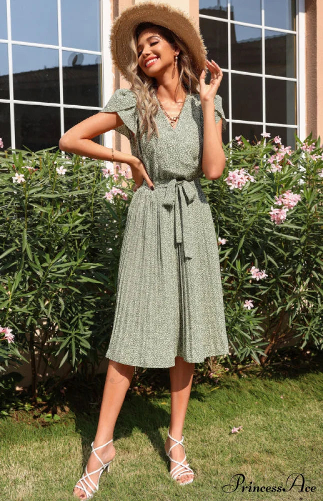 Patterned V-neck Folded for Gown Skirt Women