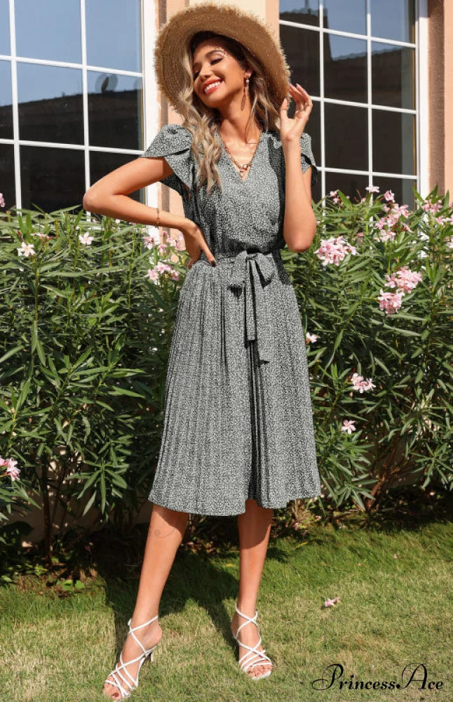 Patterned V-neck Folded for Gown Skirt Women