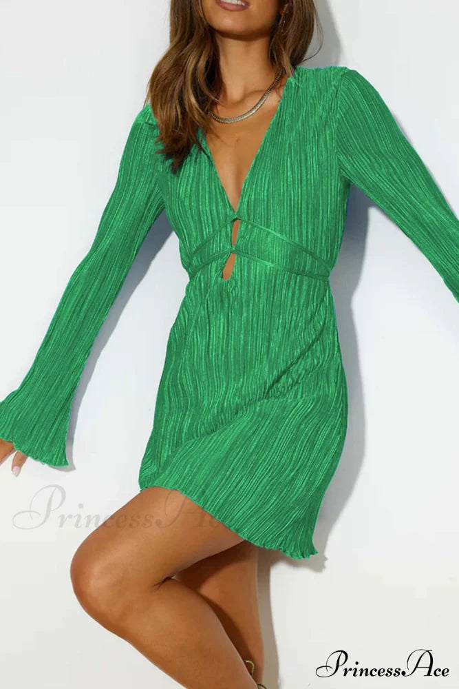Pleated Flares Sleeve Mini Dress with Tie-up