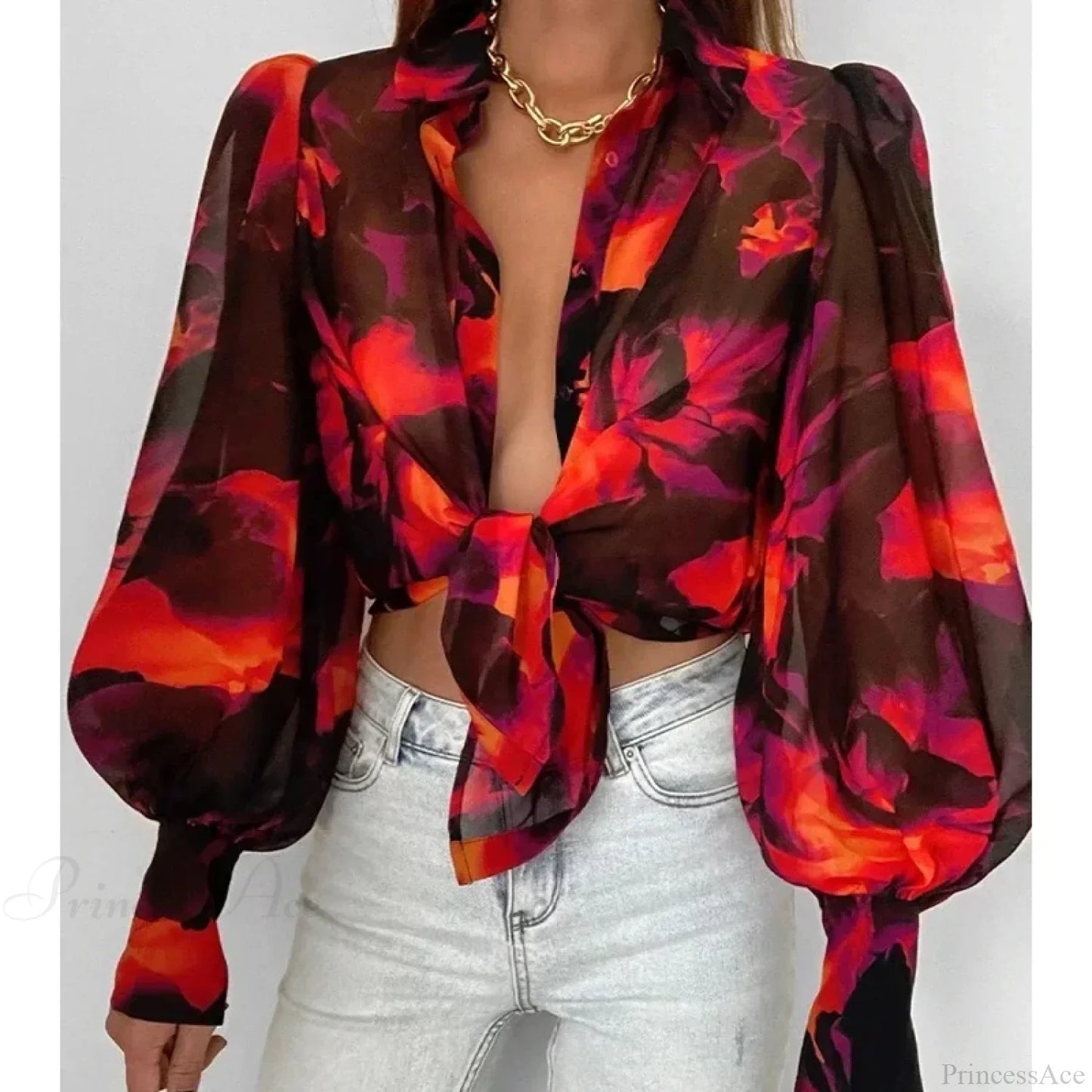 Printed Lantern Sleeve Vintage Floral Button Long Sleeve Blouse