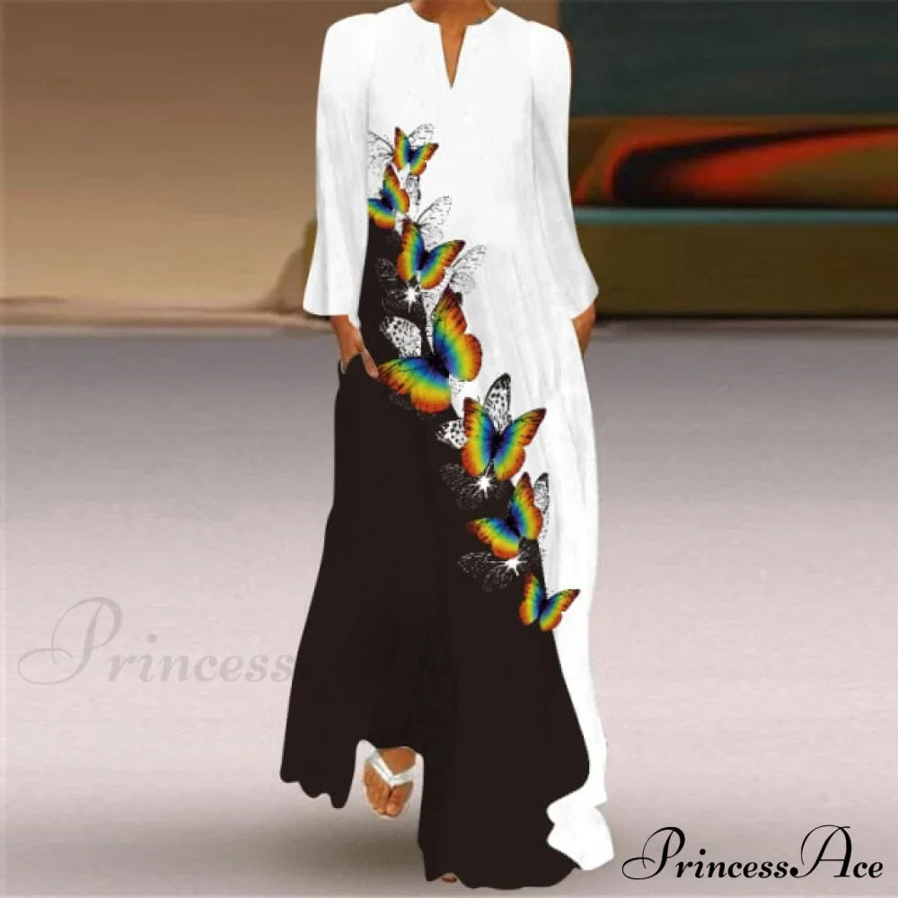 Printed Long Pocket Sexy V-neck Long Sleeve Dresses