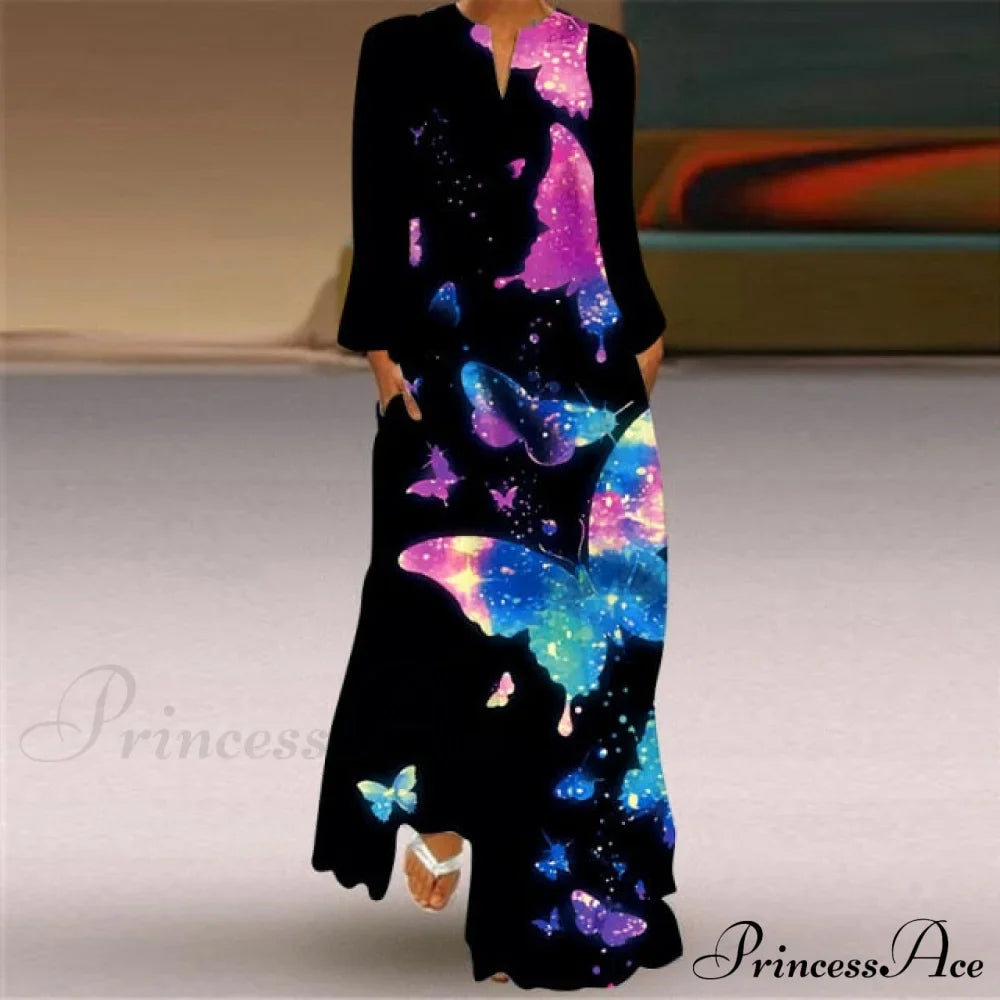 Printed Long Pocket Sexy V-neck Long Sleeve Dresses