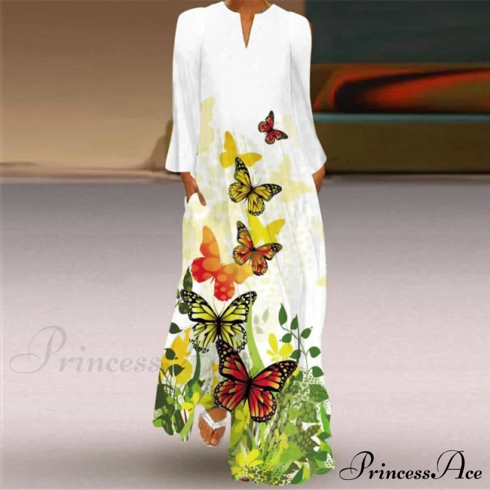 Printed Long Pocket Sexy V-neck Long Sleeve Dresses