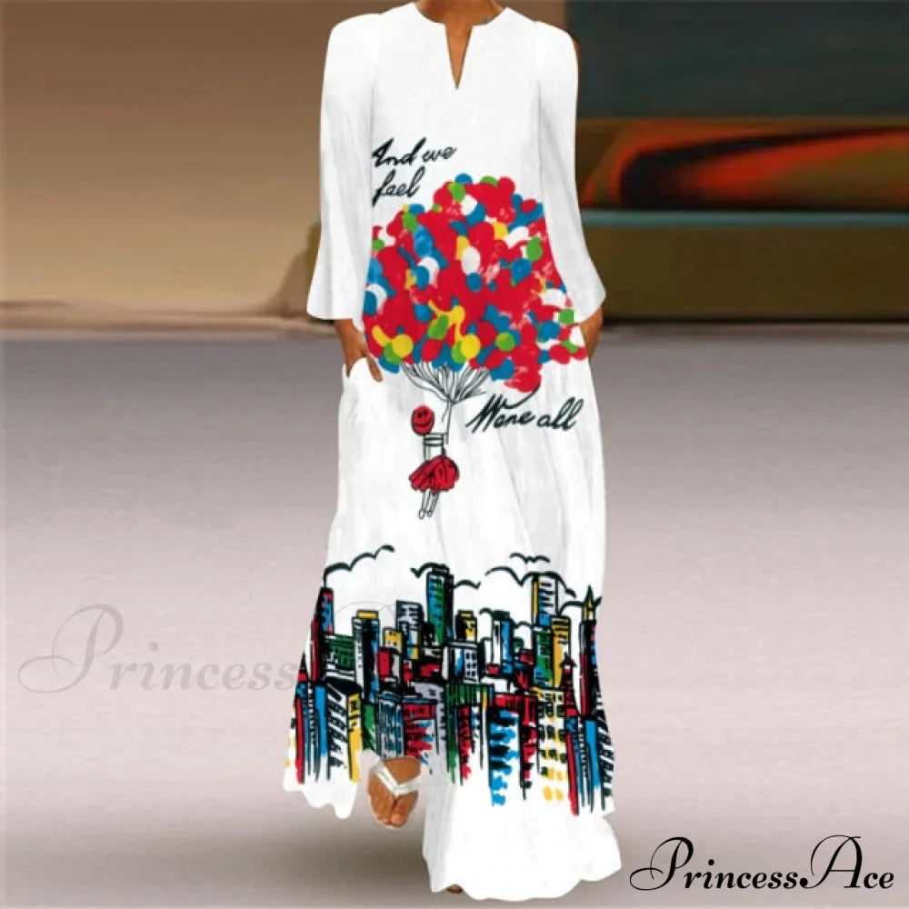 Printed Long Pocket Sexy V-neck Long Sleeve Dresses
