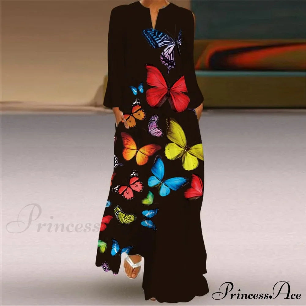 Printed Long Pocket Sexy V-neck Long Sleeve Dresses