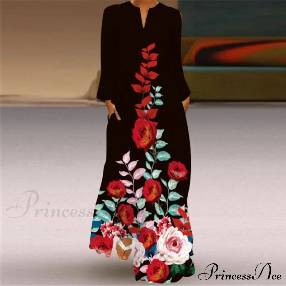 Printed Long Pocket Sexy V-neck Long Sleeve Dresses