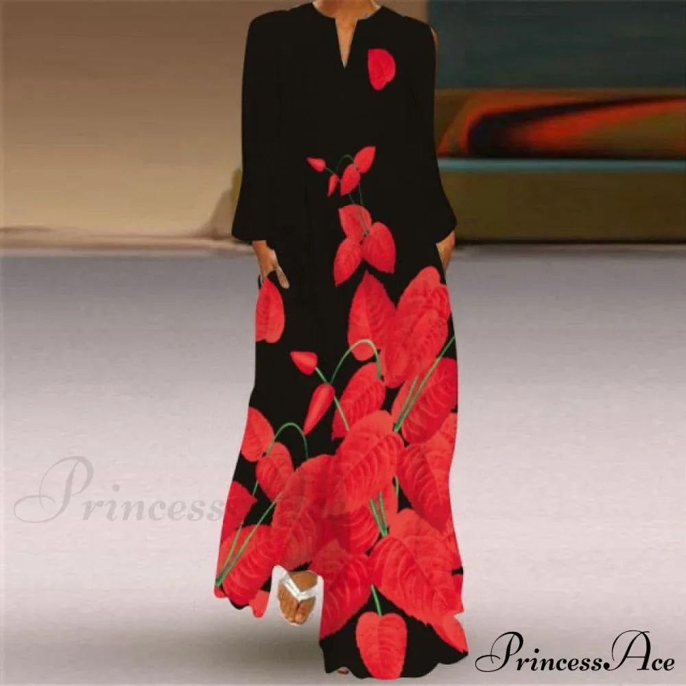Printed Long Pocket Sexy V-neck Long Sleeve Dresses