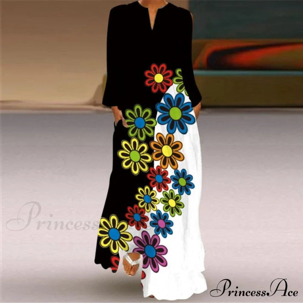 Printed Long Pocket Sexy V-neck Long Sleeve Dresses
