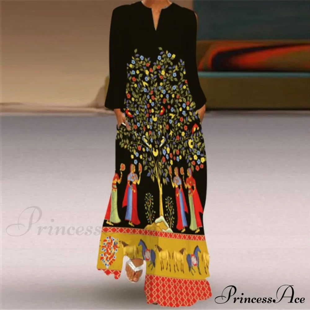 Printed Long Pocket Sexy V-neck Long Sleeve Dresses