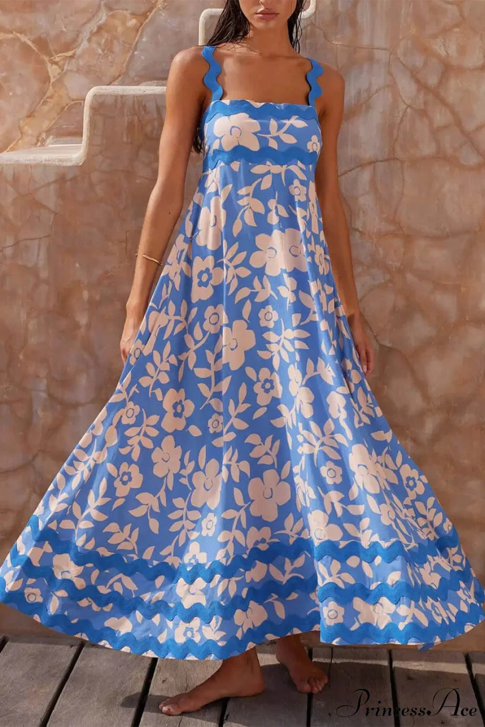 Printed Square Neck Charming Strap Maxi Dress