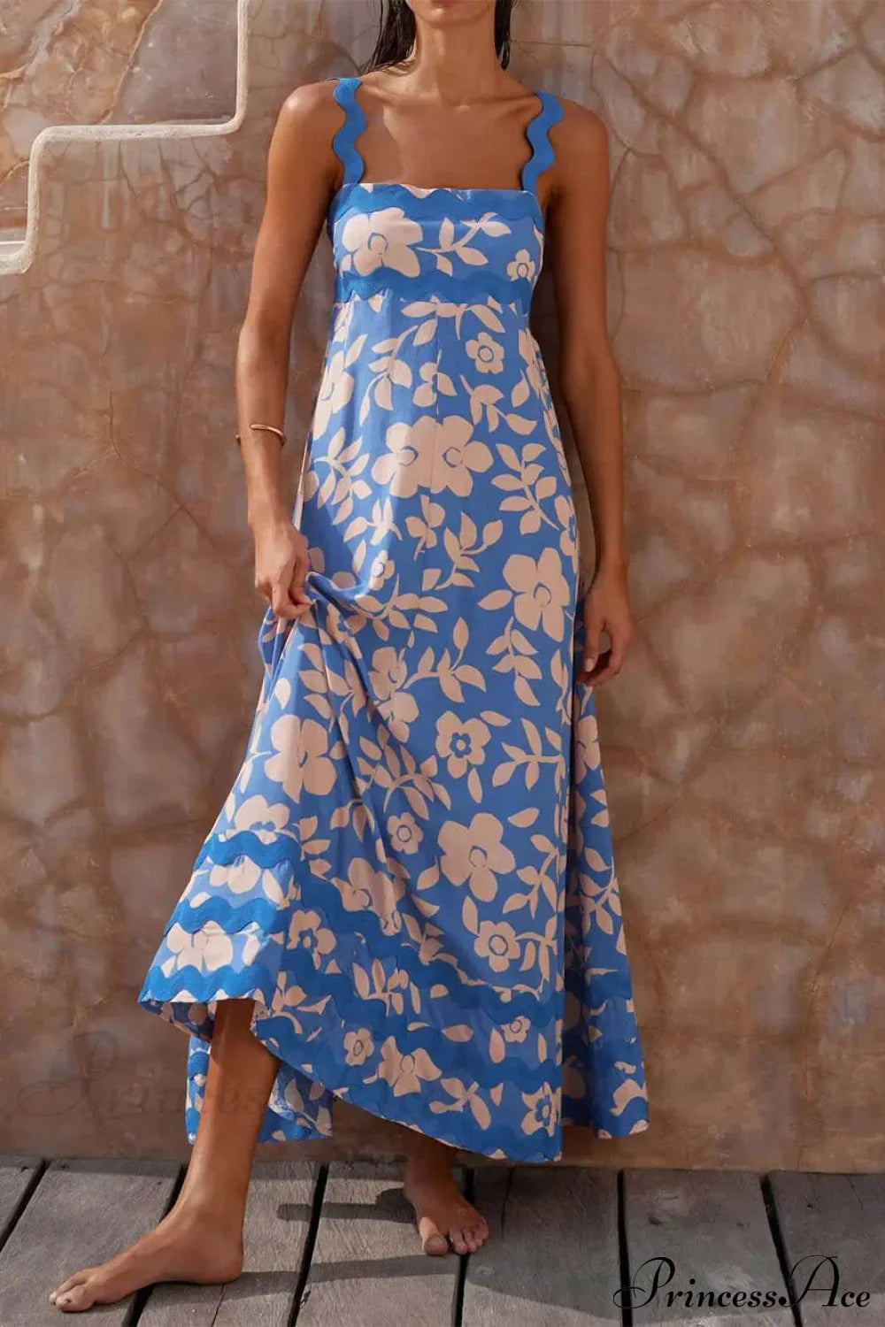 Printed Square Neck Charming Strap Maxi Dress