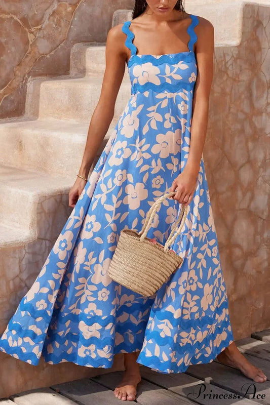 Printed Square Neck Charming Strap Maxi Dress