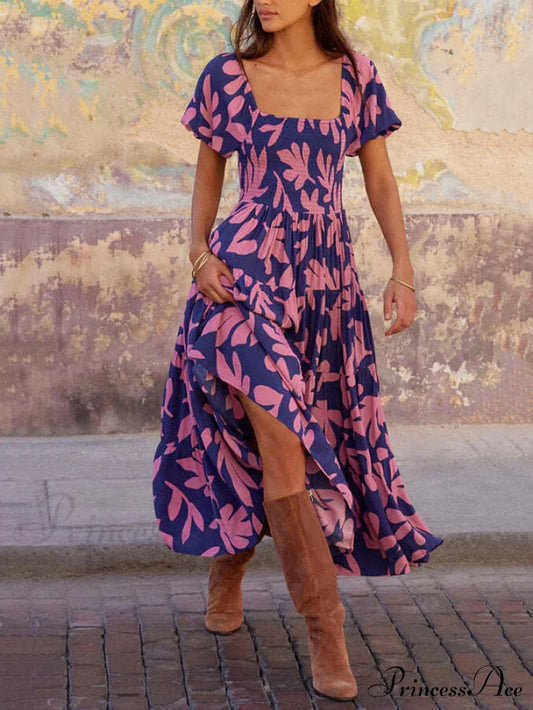 Puff Sleeve Square Charming Neck Printed Midi Dress