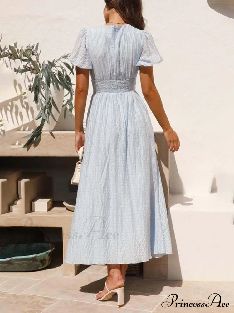 Puff Sleeve V-Neck Charming Long Oversized Hem Dress