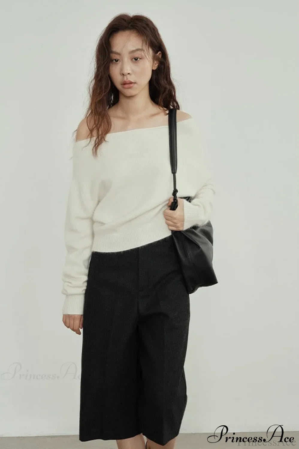 Raccoon Fur Off-Shoulder Cropped Slouchy Knit Top