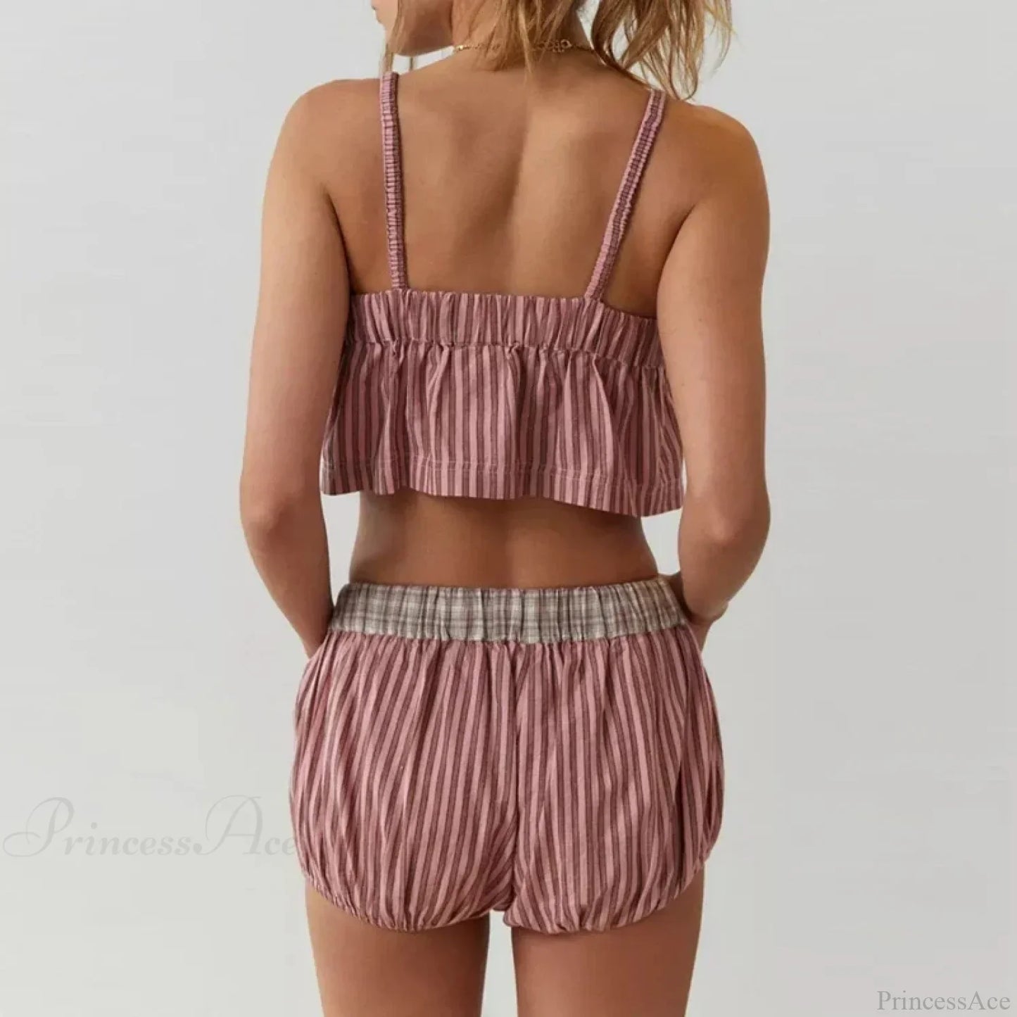 Retro Kawaii Plaid Patchwork Camis Crop Top Shorts Two Pieces Set