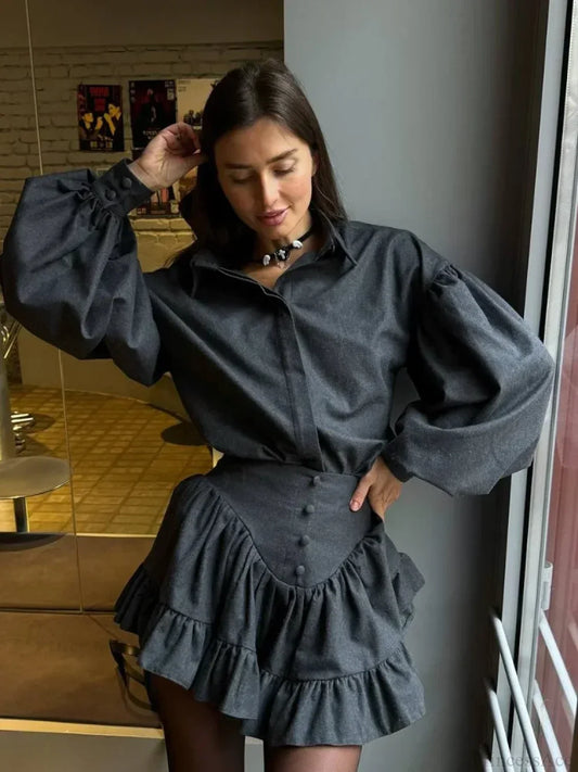 Retro Lapel Loose Bishop Sleeve Blouse