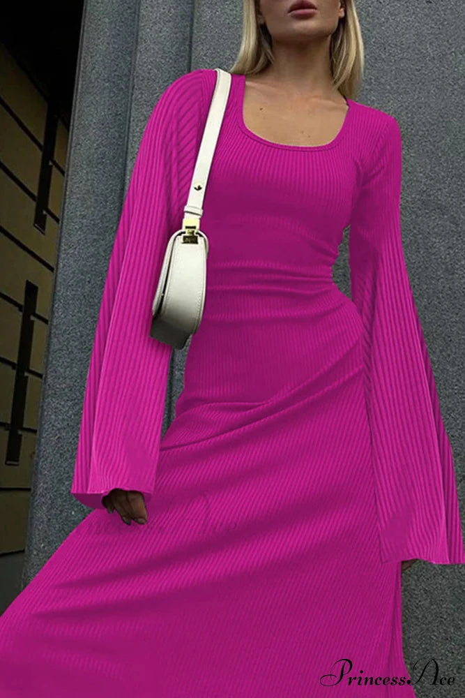 Ribbed Flares Sleeve Dress with Tie-back
