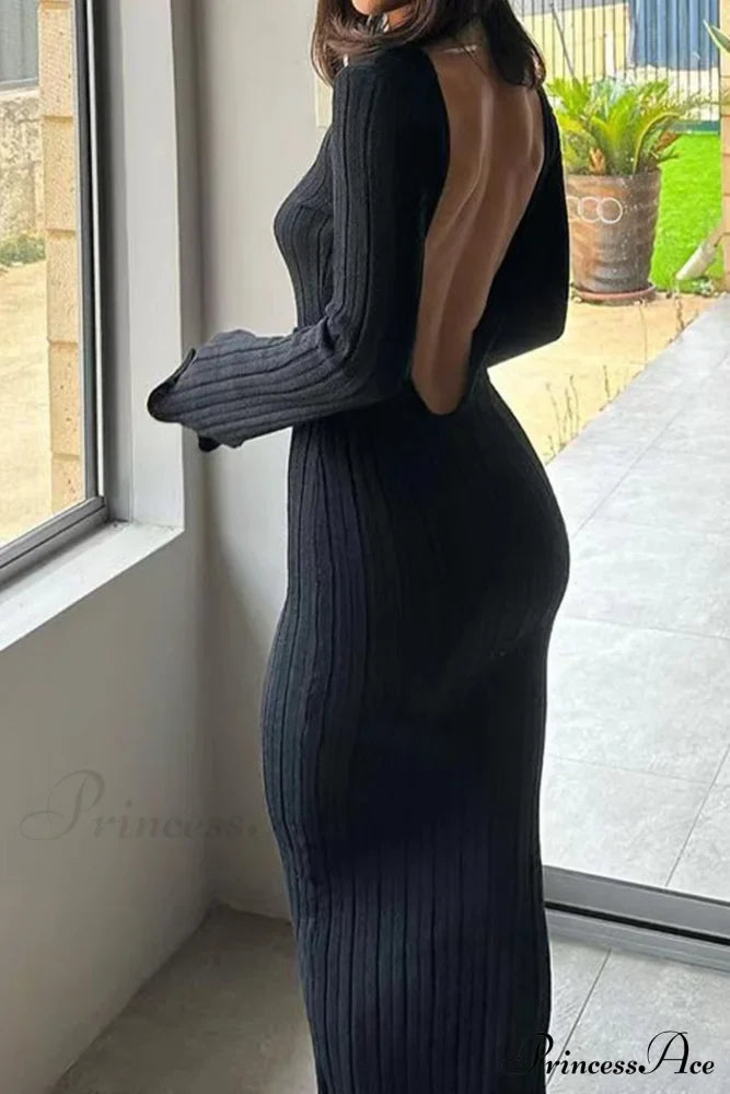 Ribbed Knit Dress with Long Flare Sleeves and Backless Design