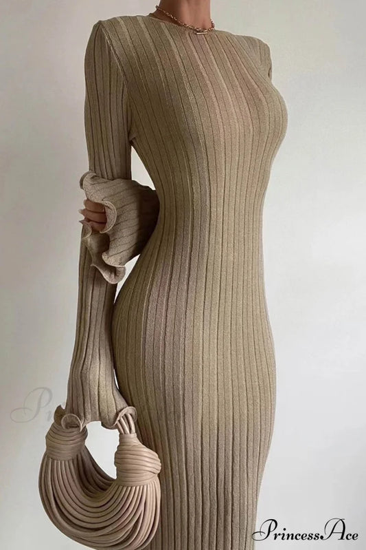 Ribbed Knit Dress with Long Flare Sleeves and Backless Design