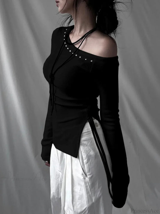 Rivet Skew Collar Knit Top