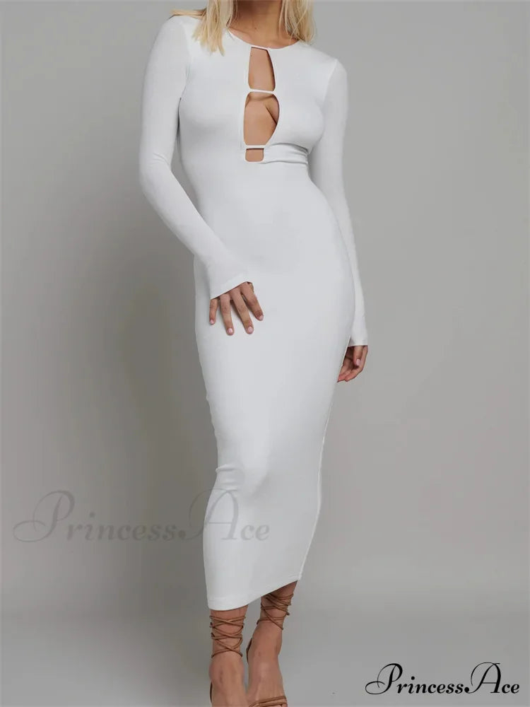 Round Neck Hollow Out Party Clubwear for Women Backless Sleeve Solid Color Slim Fit Vestidos