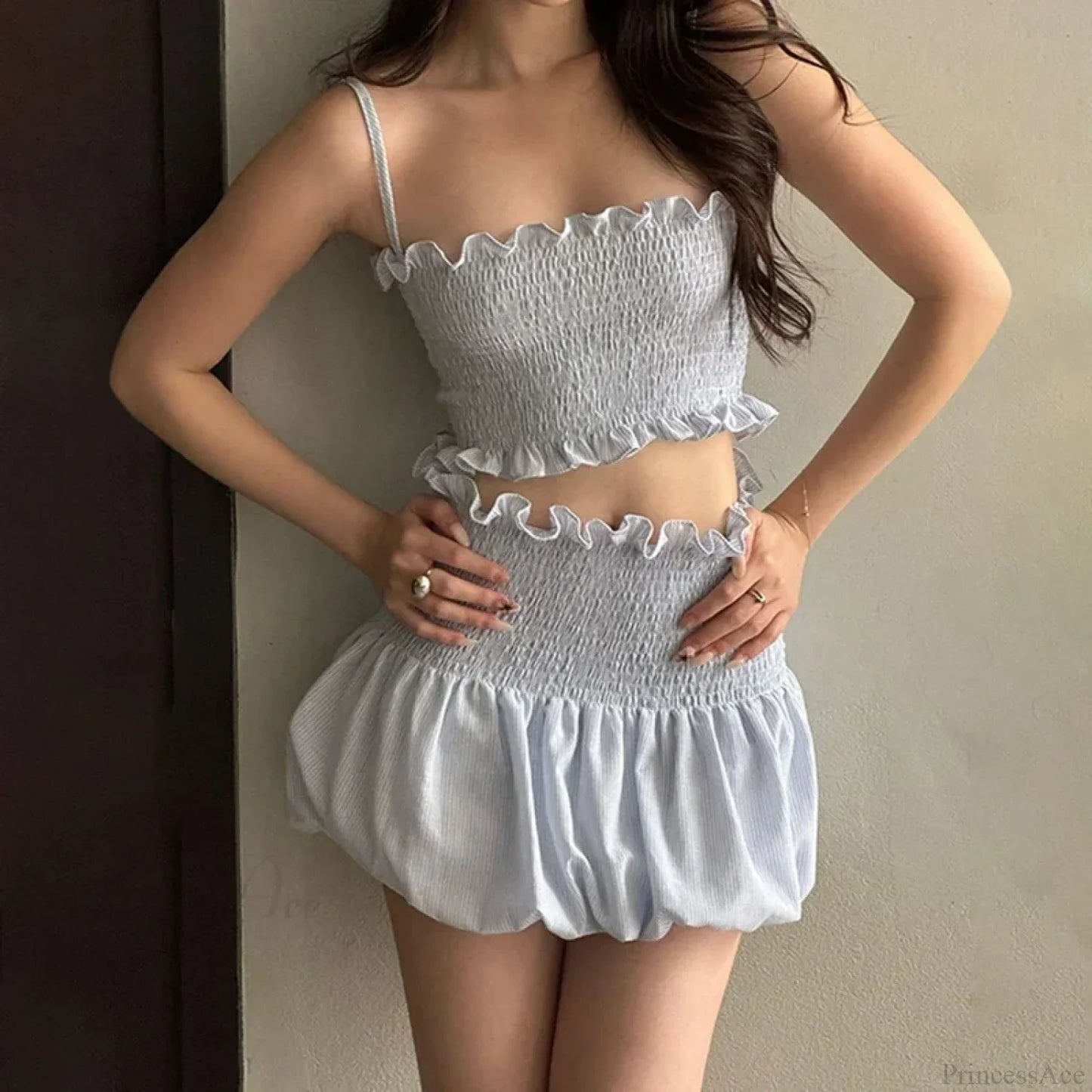 Ruched Plaid Cami Crop Top Mini Bubble Skirt Two Pieces Set