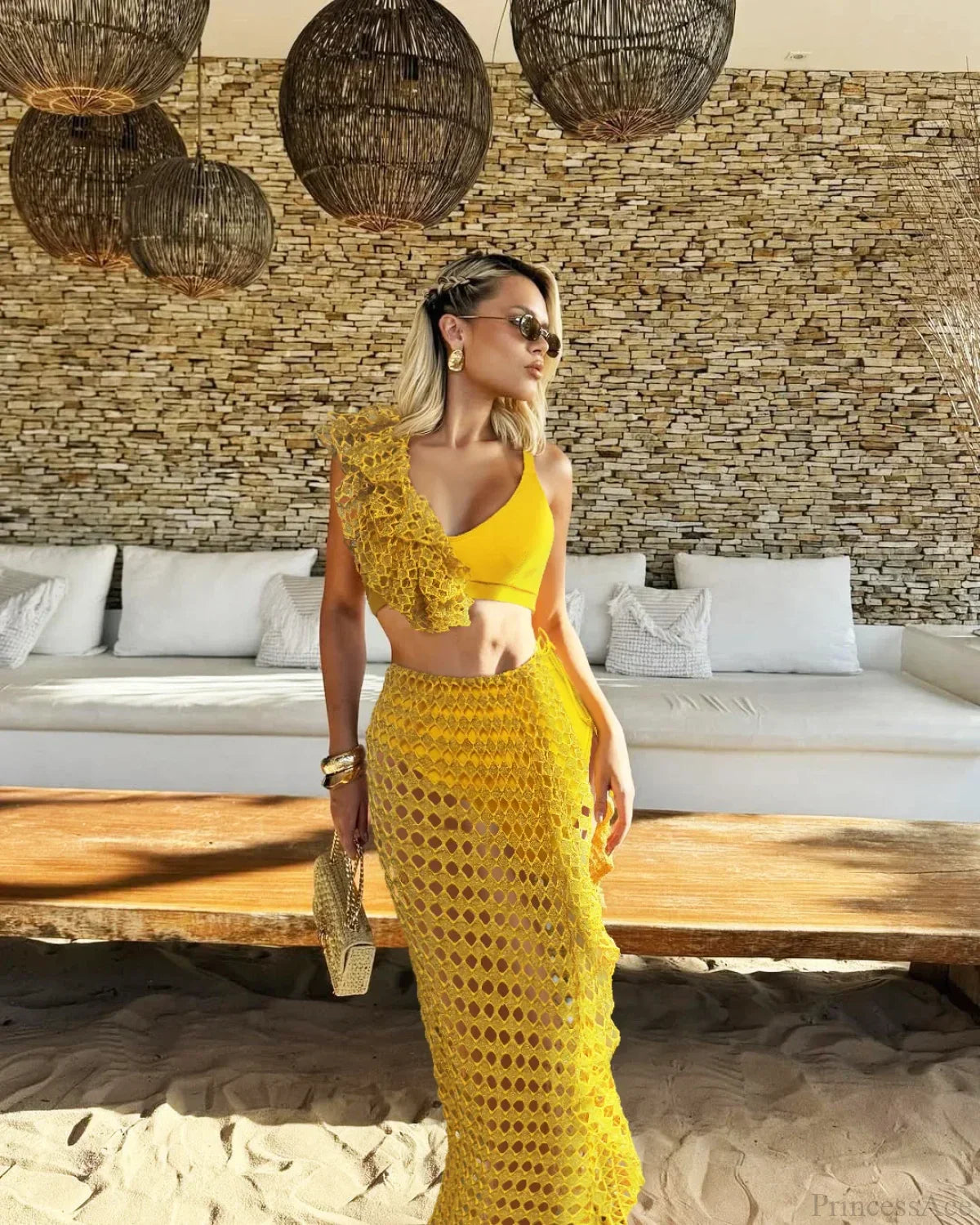 Ruffle V-neck Mesh Three Piece Swimsuit
