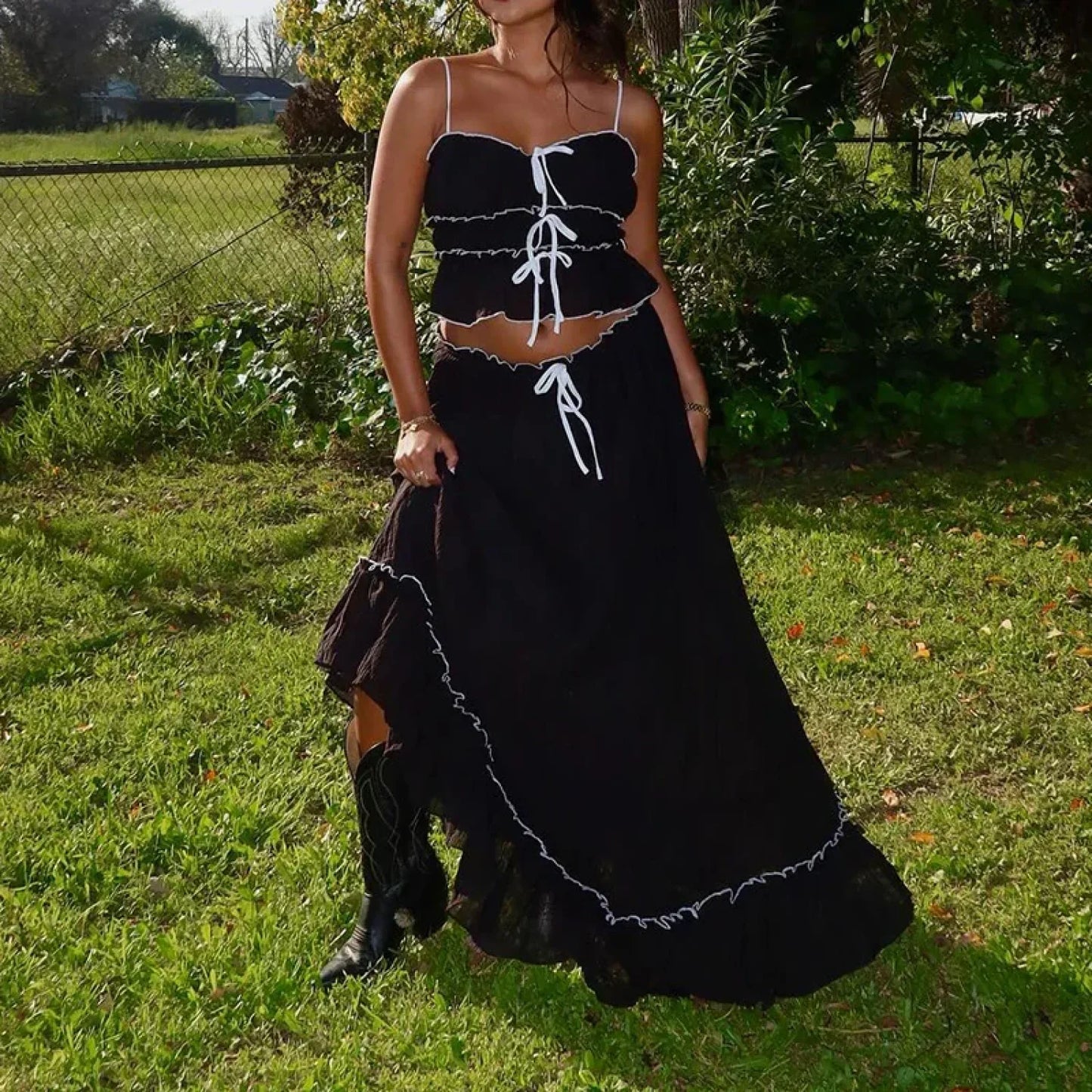 Ruffles Tie-Up Front Camis Crop Top Maxi Skirt Two Pieces Set
