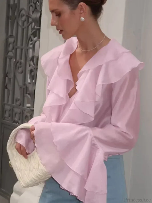 Ruffles V Neck Pink Chiffon Blouse