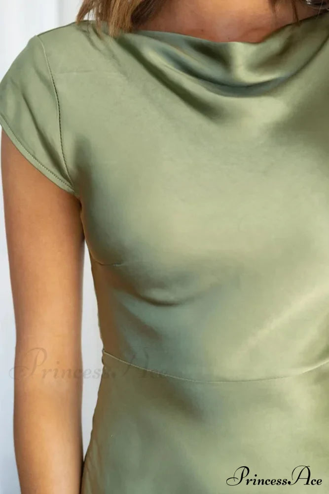 Satin Cowl Neck Dress with Twisted-back Slit