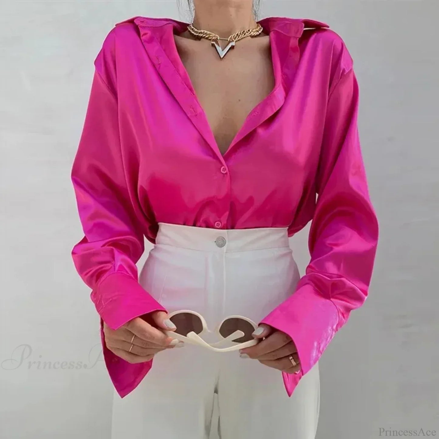 Satin Long Sleeve Vintage Blue Green Silk Button Blouse