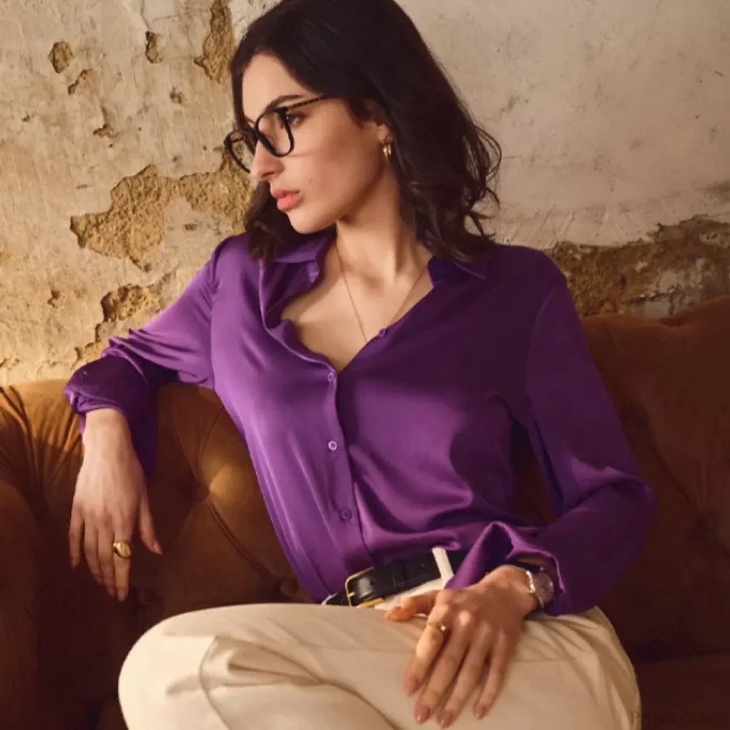Satin Solid Long Sleeve Polo Neck Blouse