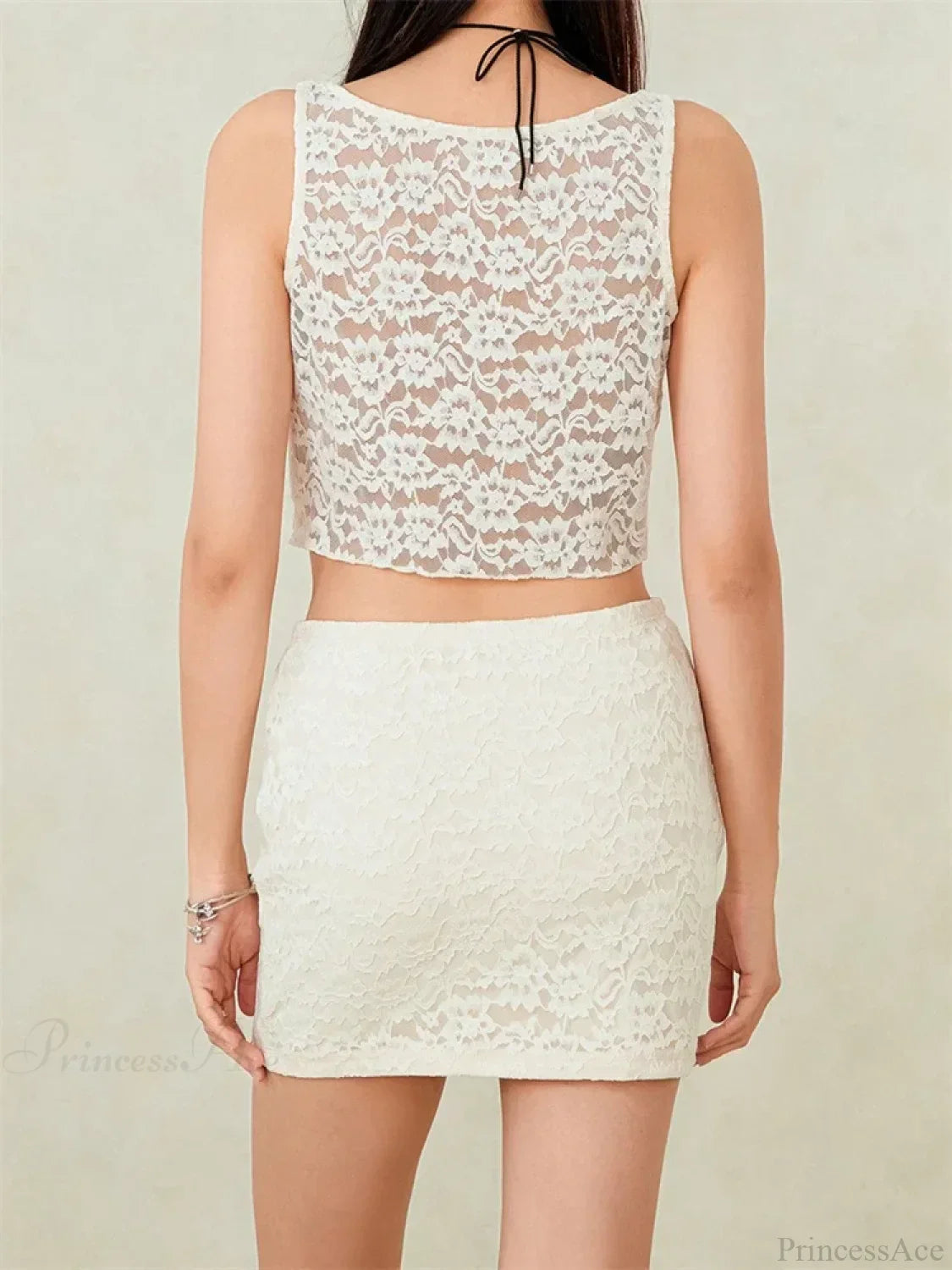Sexy Lace Sleeveless Tank Crop Top with Short Mini Skirt Set