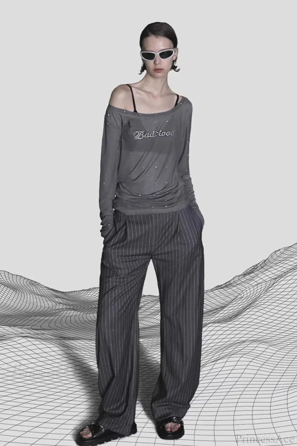 Sexy Rhinestone Embellished Off-the-Shoulder Tulle Blouse