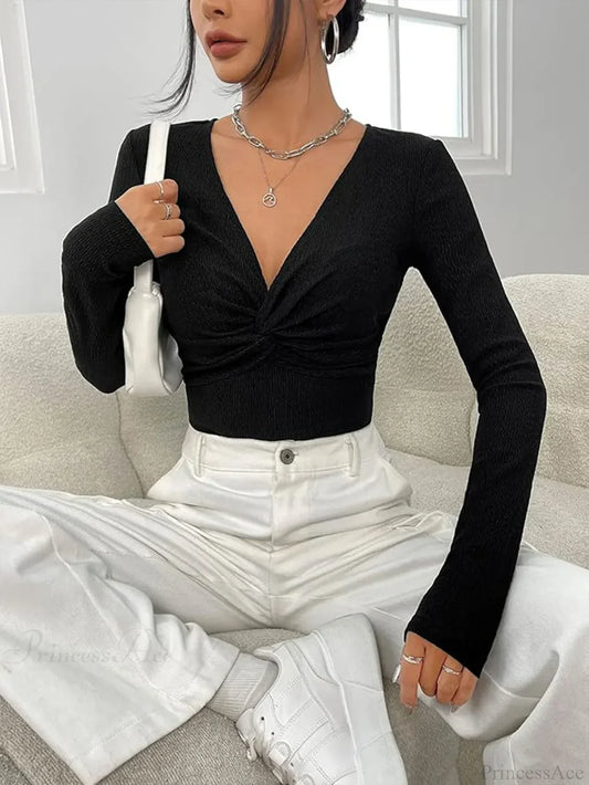 Sexy V-Neck Knitted Base Shirt Figure Slim Fit Top Women