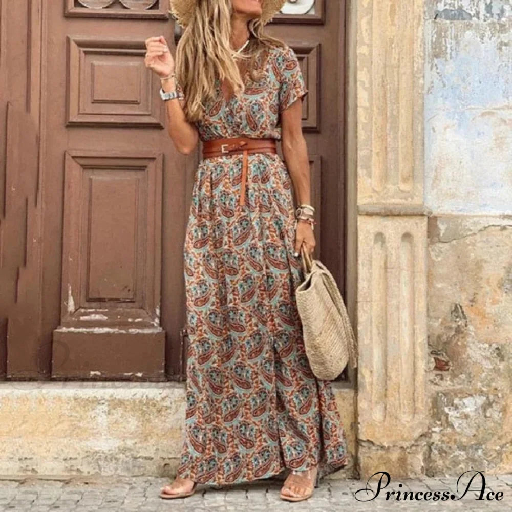 Sexy V-neck Short Sleeve Belted Maxi Dress
