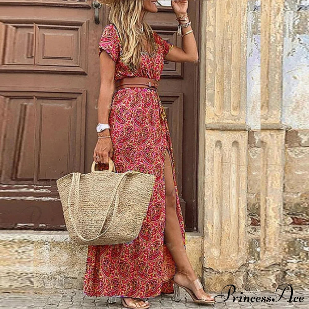 Sexy V-neck Short Sleeve Belted Maxi Dress