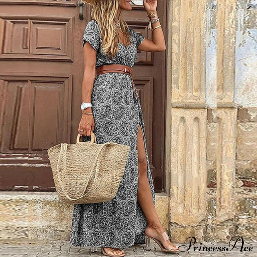 Sexy V-neck Short Sleeve Belted Maxi Dress