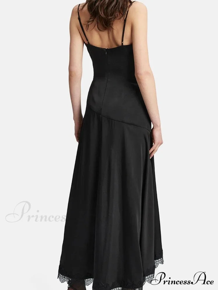Sexy Women Side High Split Sleeveless Strap V-neck Lace Patchwork Summer Cocktail Party Vestido