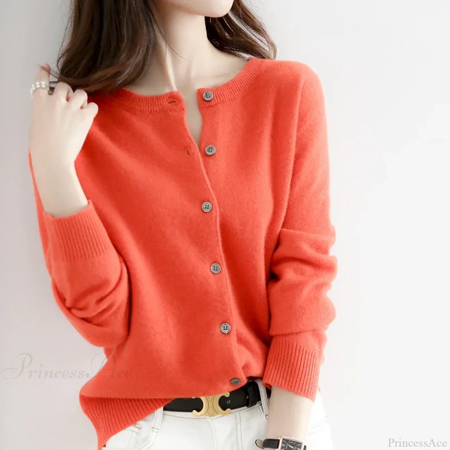 Short Slim O-Neck Single Breasted Gold Camel Knit Cardigan